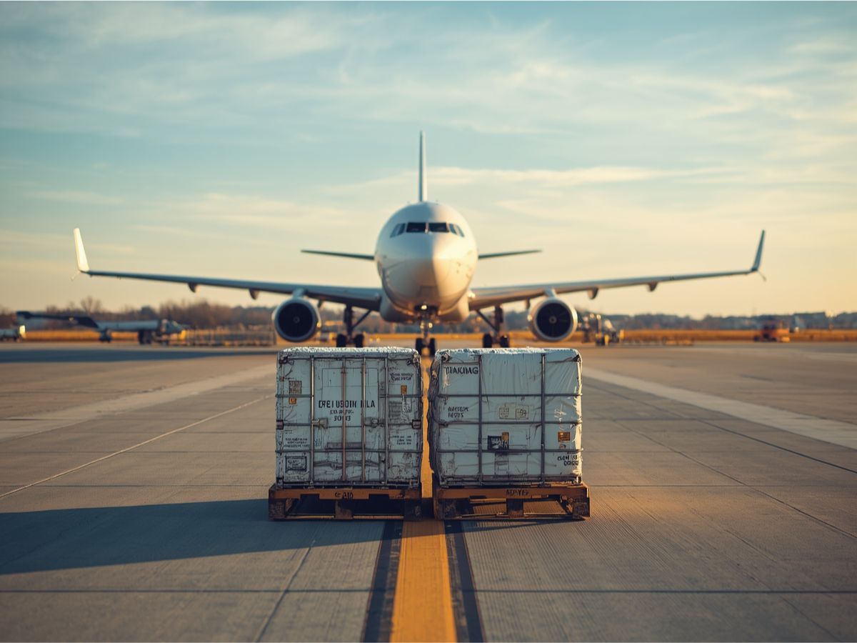 Carga en pallets frente a un avión de carga en pista de aeropuerto