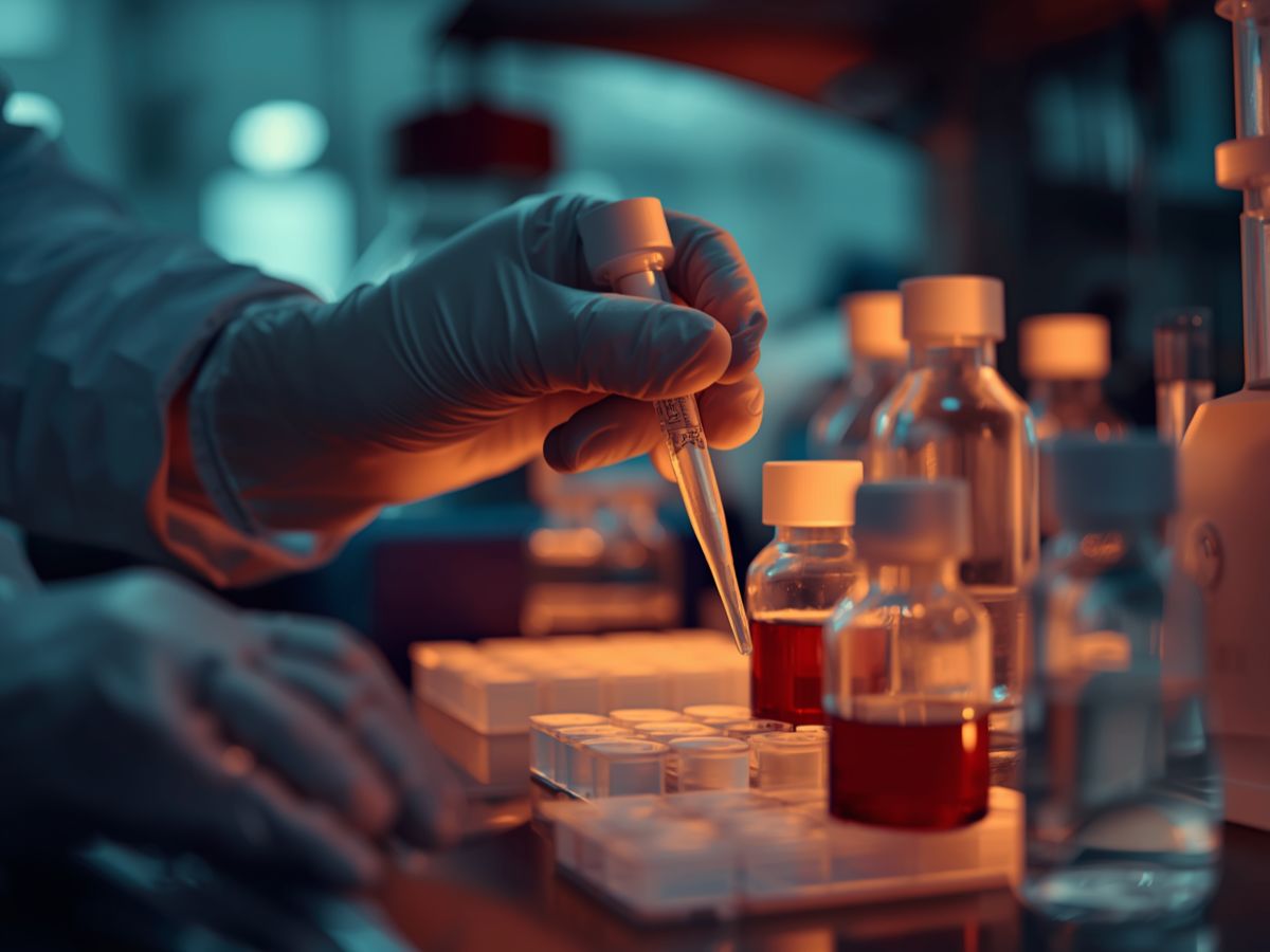 Técnico de laboratorio manejando reactivos y viales con pipeta