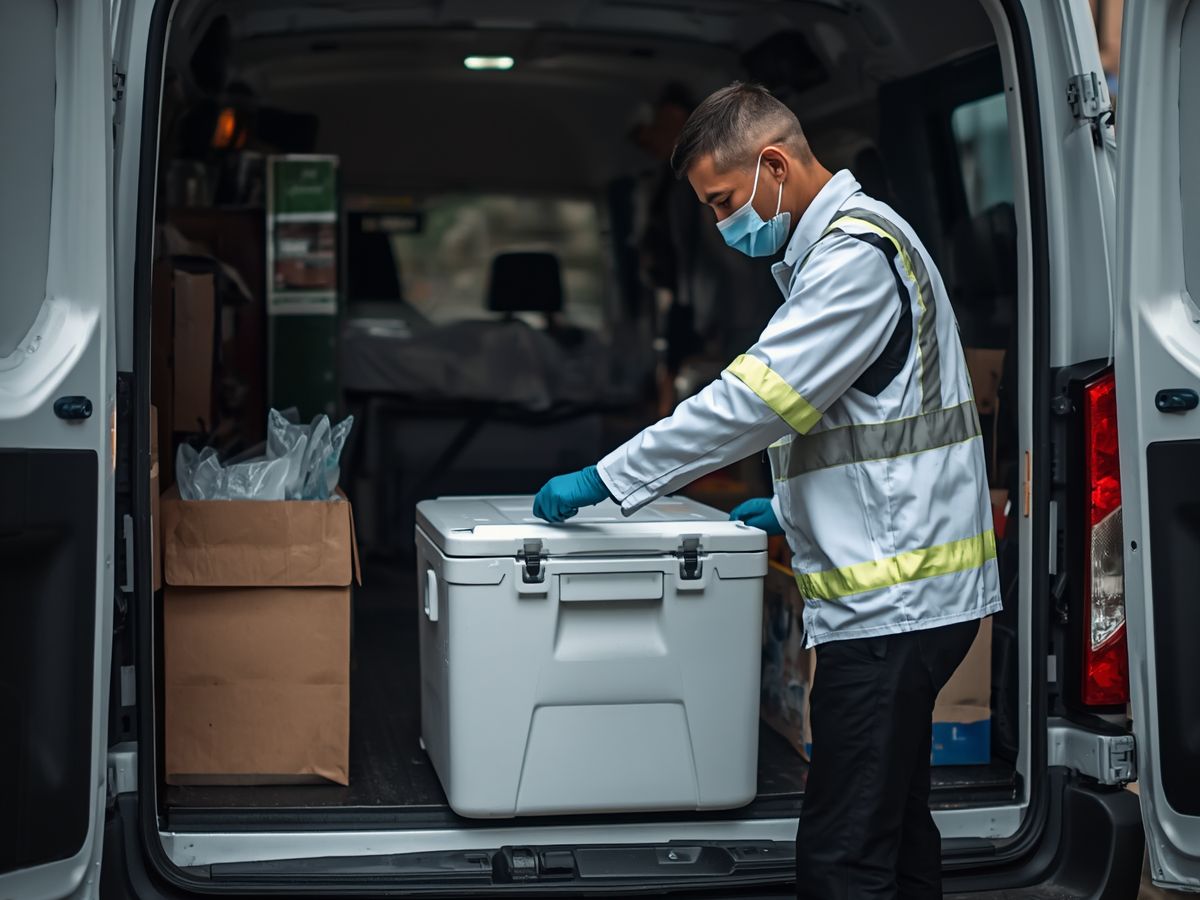 Mensajero médico transportando muestras de laboratorio en una hielera especializada